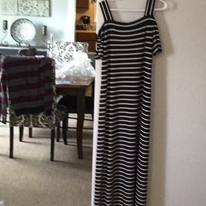 COPY - Black and white stripped cold shoulder maxi dress